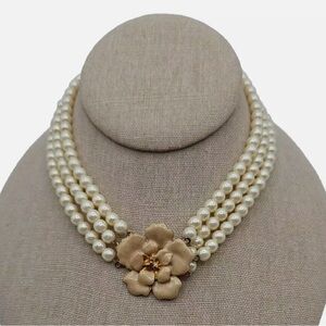 Faux Pearl Triple Strand Collar Enamel Beige Rose Fashion Necklace 14 in.